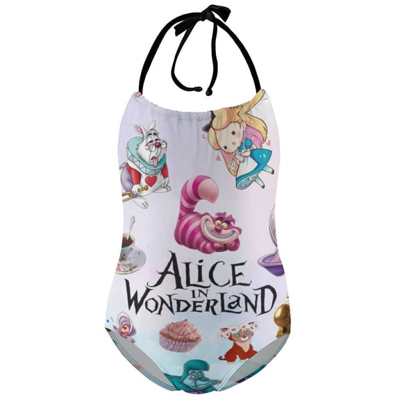 Girls Alice in Wonden-Lan Bathing Suit One Piece Halter Neck Strap Swimwear