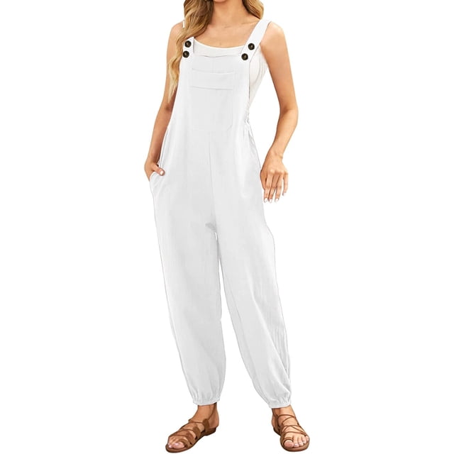 Overol sin mangas para mujer, estilo casual, de verano, pierna ancha, pantalones bottons, manga larga, con botones Blanco Extra Grande Blanco Extra Grande Xishao ropa