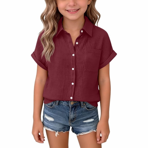 Resicozy Girls T-Shirts Teen Button Down Shirts with Pocket Summer Beach Causal Collared Short Sleeve Loose Tops 3-15 Years Wine 170