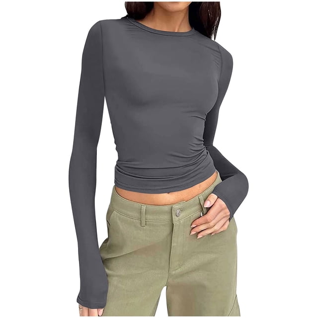 BLCHUNen Blouses pour Femmes Manches Longues Chemises d'Automne Col Rond Court Chandail Ajusté Décontracté Tops Athlétiques