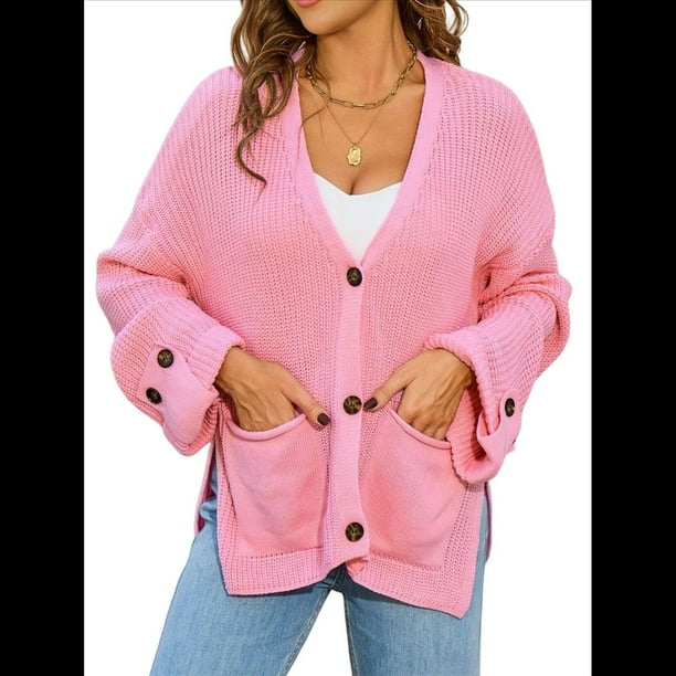 Suéter de Punto Grueso para Mujer, Cárdigan de Larga con Cuello en V, Botones y Bolsillo para Otoño e Invierno. Rosa S