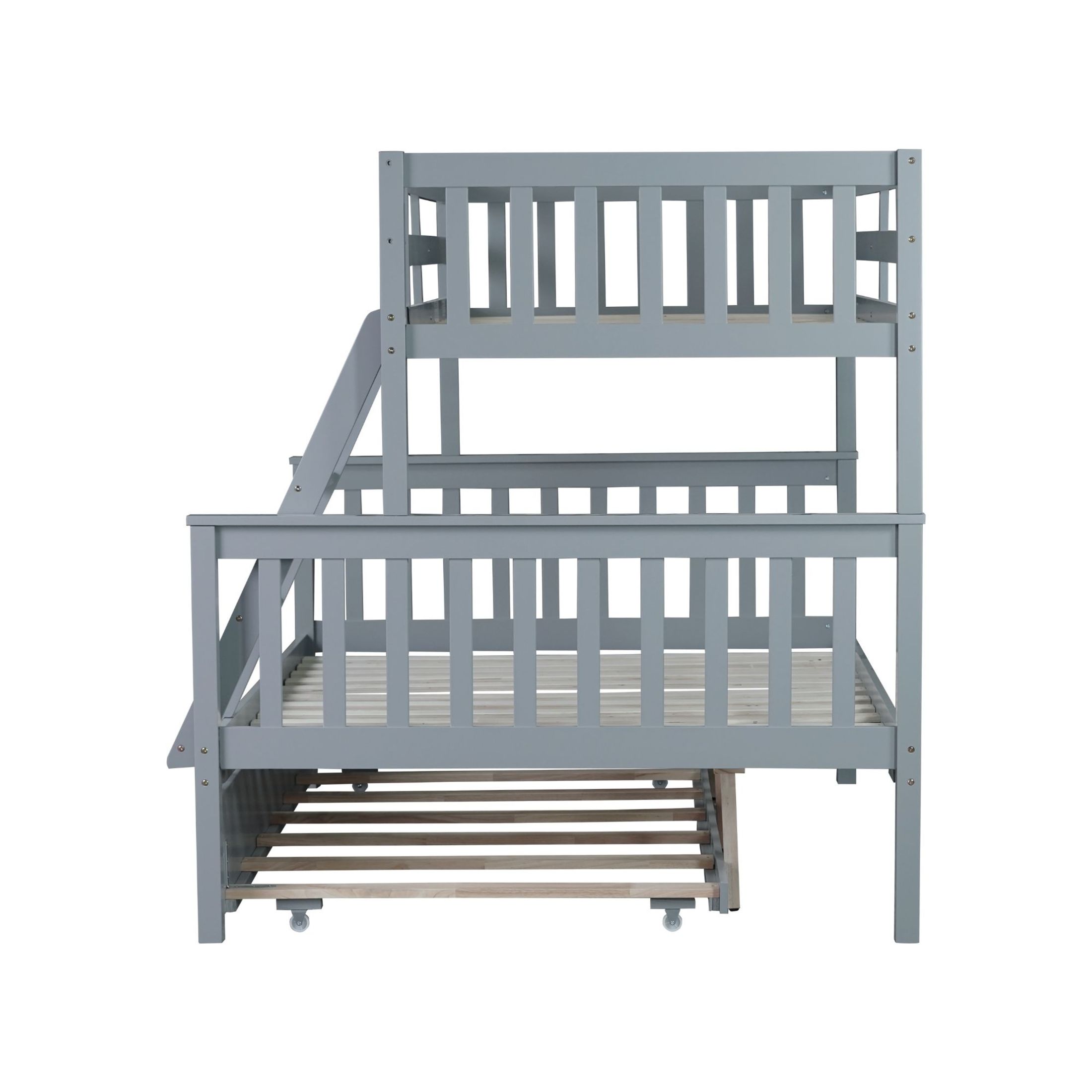 Noble House Twin Over Full Rubber Wood Bunk Bed, Convertible Design with Trundle and Reversible Ladder, Grey