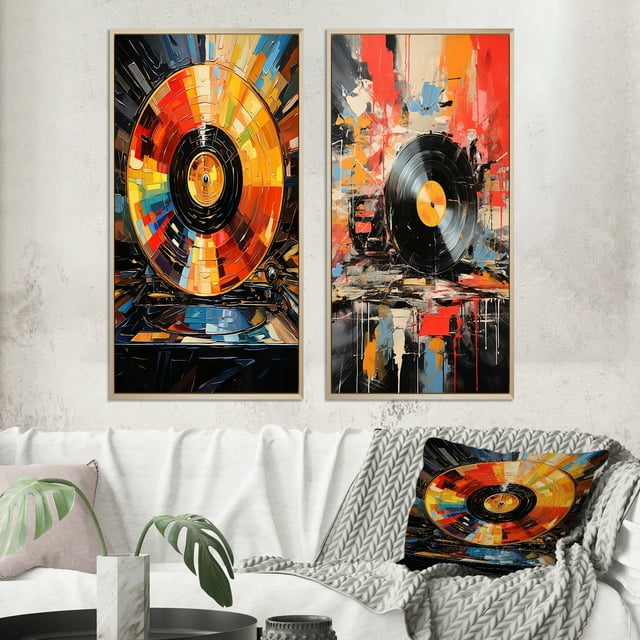 Designart "Retro Disc Popart Dreams II" Vinyl Records Framed Wall Art Set Of 2 - Multi-Color Fashion Framed Canvas Set For Living Room Decor