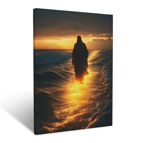 CozyNet Jesus Walking On Glowing Water Surrounded By Calm Waves At Sunrise Wall Art Prints With Frame Canvas Perfect for Living Room & Bedroom, Ready to Hang, Wall Decor 16"x20"