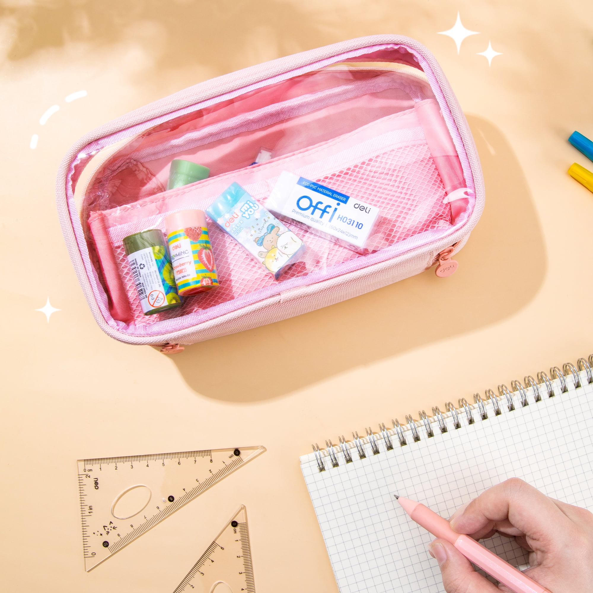Deli Pencil Case for Kids,Large Capacity Foldable Pencil Pouch with 4 Compartments, School Supplies Organizer Bag for Students, Teens and Office Use,Pink