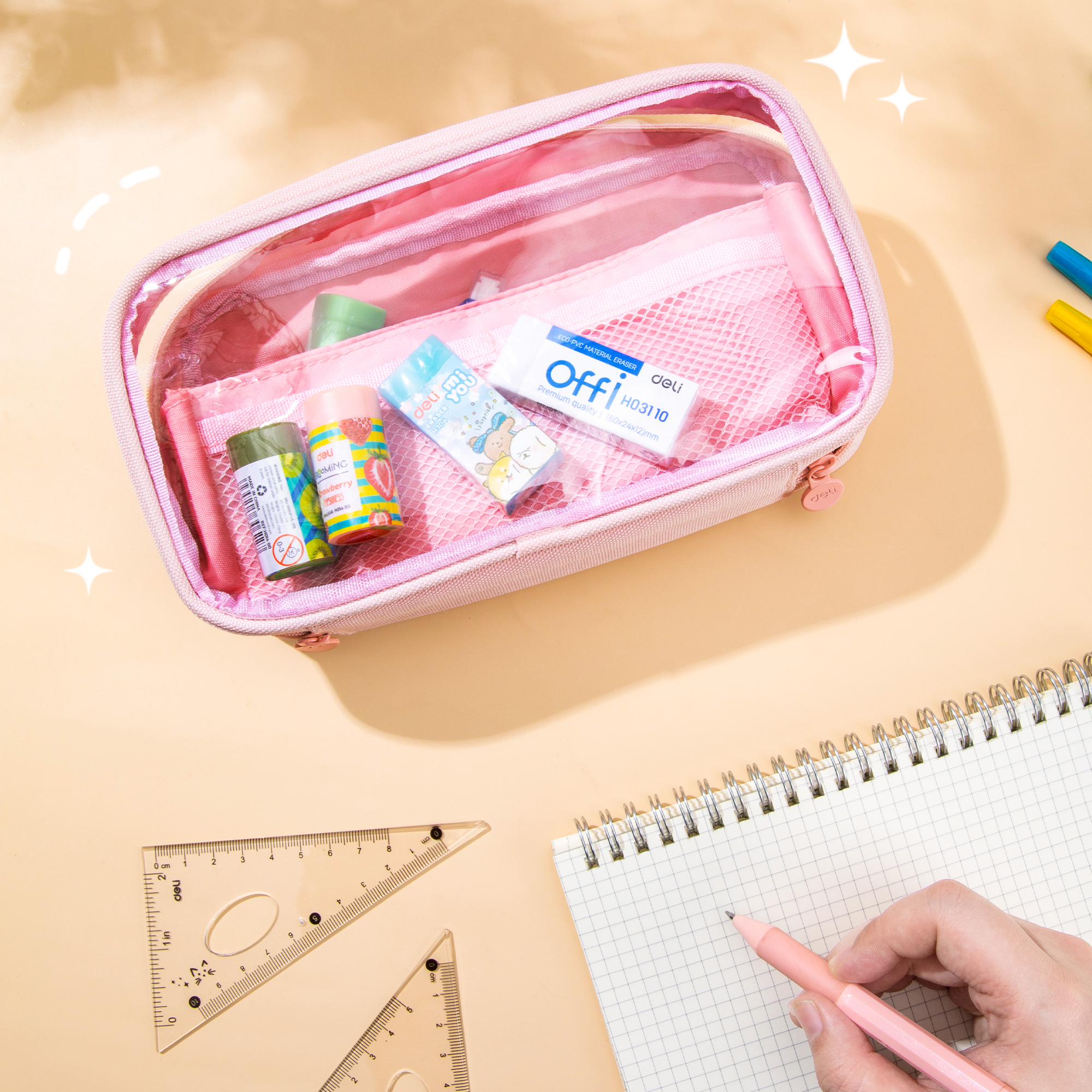 Deli Estuche para lápices para niños, gran capacidad, plegable, con 4 compartimentos, organizador de útiles escolares para estudiantes, adolescentes y oficina, rosa 5
