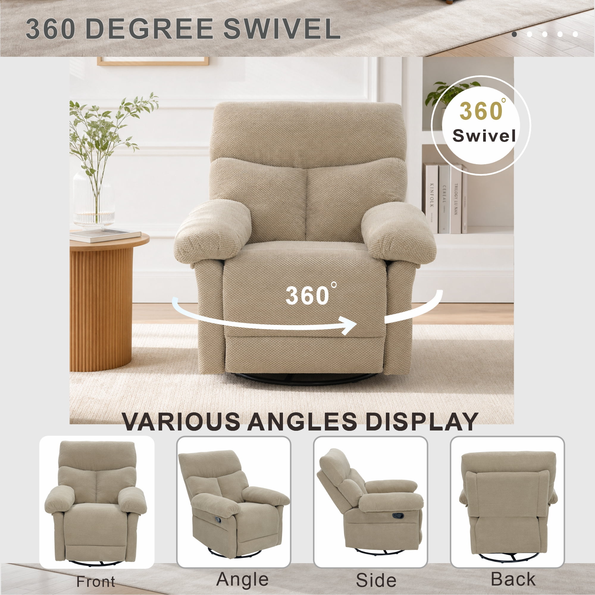 TiramisuBest Manual Swivel Rocker Recliner Chair,Overstuffed Fabric Glider Armchair for Living Room,Camel