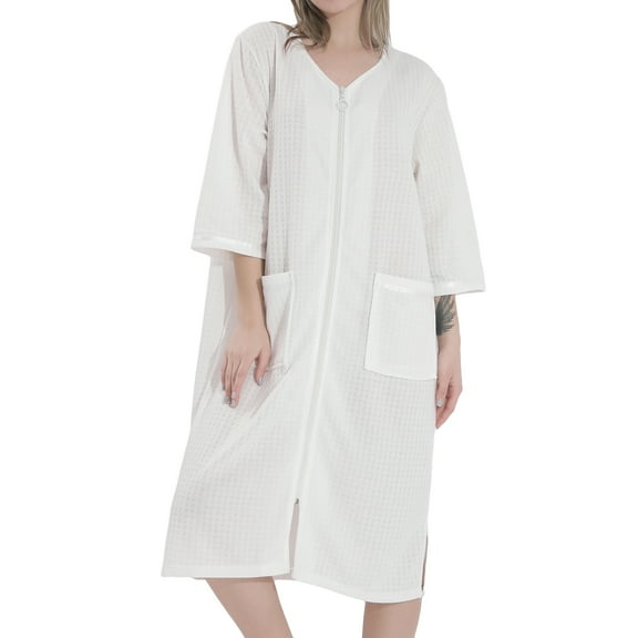 Defitshape Women's Waffle Robe Lightweight Zip Up Bathrobe Zipper Housecoat Duster Robe Casual House Coat Nightgown 3/4 Sleeve Housedress Side Split Pockets White Large