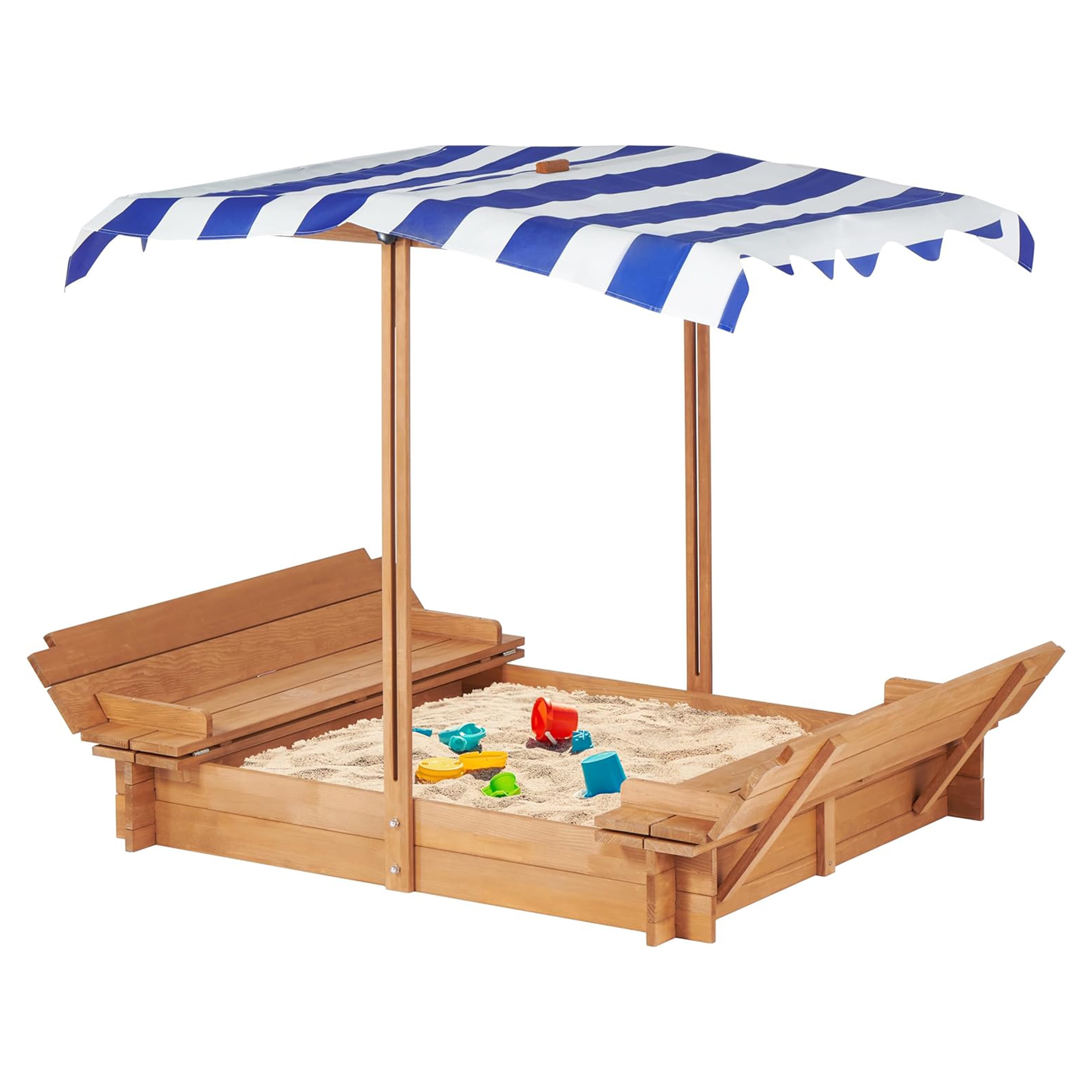 Kids Sandbox with Adjustable Canopy, 46'' Wooden Sand Box with 2 Foldable Bench Seats, Outdoor Cedar Sandpit for Backyard Play