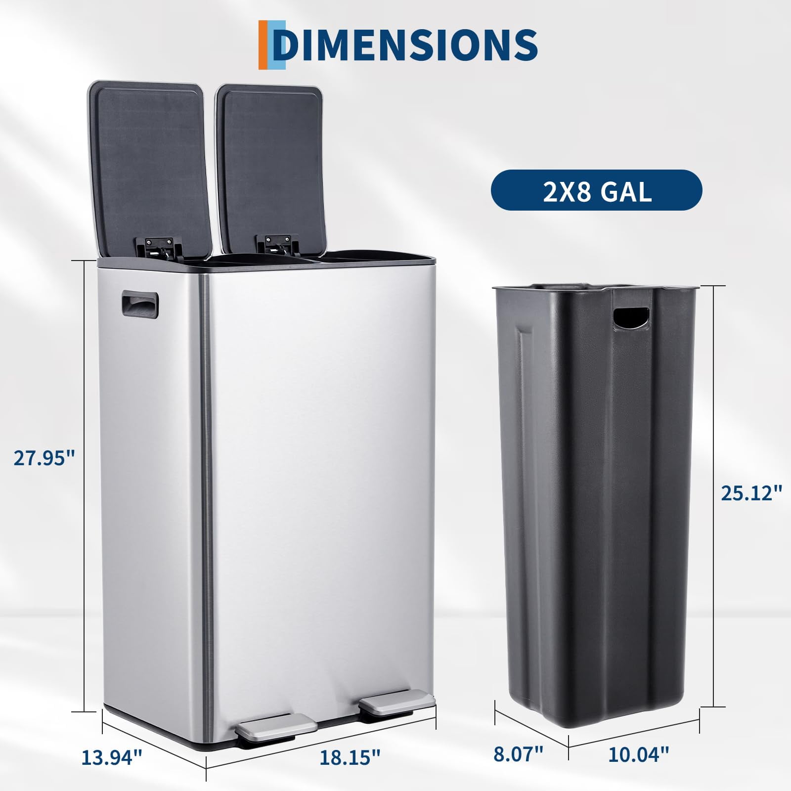 Dual Trash Can, 16 Gal (2 x 30 l) Kitchen Garbage Can with Lid and Inner Bucket, Double Compartment Trash and Recycle Bin Combo with Step Pedal