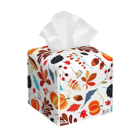Naloa Autumn Pumpkins Fall Leaves Tissue Box CoverLeather Tissue Holder Square Facial Tissue Case Facial Paper Organizer Dispenser for Bathroom, Vanity Countertop, Tabletop, Car
