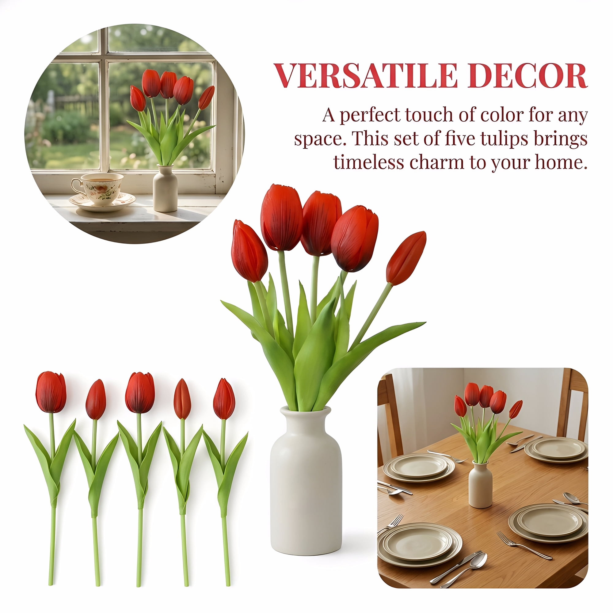 Unique Bargains 10Pcs Artificial Flowers Silk Tulips Real Touch Mini Bouquet Red 9.8"