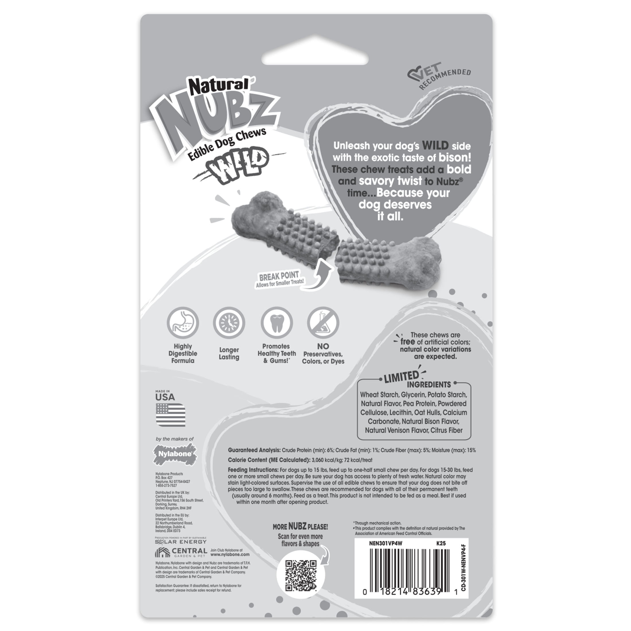 Nylabone Nubz Wild Dog Treats for Small Dogs, Bison Flavor Dog Bones, Small - Up to 25 lbs., 4 Count