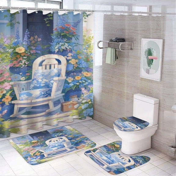 Spring Summer Garden Flowers Chair-1 Shower Curtain Sets with Rugs 4 Piece with Non-Slip Rugs Toilet Lid Cover And Bath Mat Bathroom Decor Set Spring Summer Flower Waterproof Shower Curtain