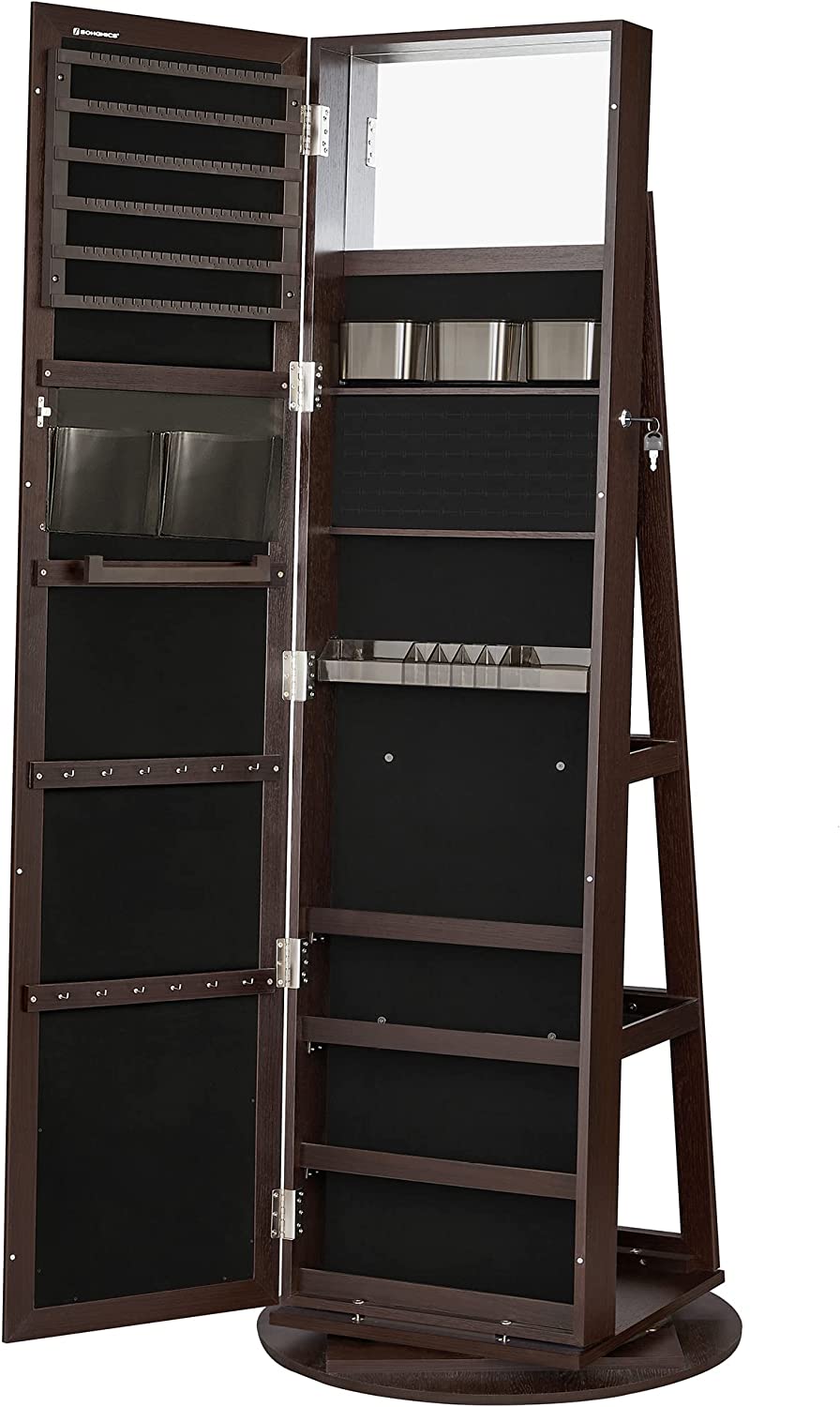 SDHYL 360° Swivel Mirrored Jewelry Armoire With Full-Length Mirror, LED Lighting