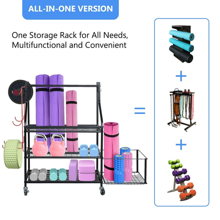 Dumbbell Rack, Sports Equipment Storage Organizer with Wheels ,Home Gym  Storage Weight Rack for Dumbbells Foam Roller Yoga Strap and Resistance  Bands Workout Equipment Rack 