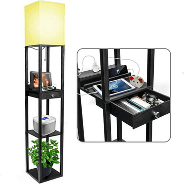 Floor Lamp with Shelves, Dimmable Solid Wood Corner Tall Bookshelf Lamp with 1 Drawer and 2 USB Ports & 1Power Outlet,Standing Lamp for Living Room and Bedroom, Office(Black,Modern)