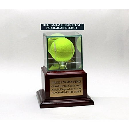 Finished Wood Case (Tennis Ball Personalized Glass Display Case with Piano Finish Rosewood Wood Platform Base & Free)