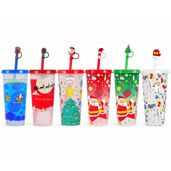 6 Pack Christmas Color Changing Cups with Lids and Straws 24 oz Reusable Tumblers, Cold Drinks, Holiday Party Cups, Iced Coffee