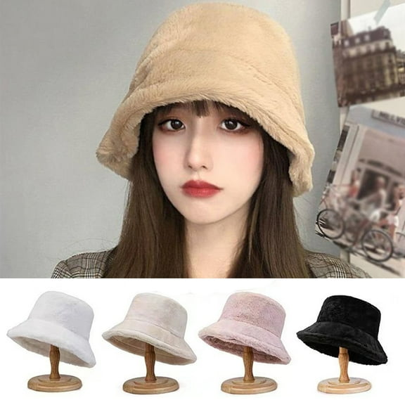 D-GROEE Winter Faux Bucket Hat Wool Fluffy Plush Bucket Hat Thick Fuzzy Fisherman Hat