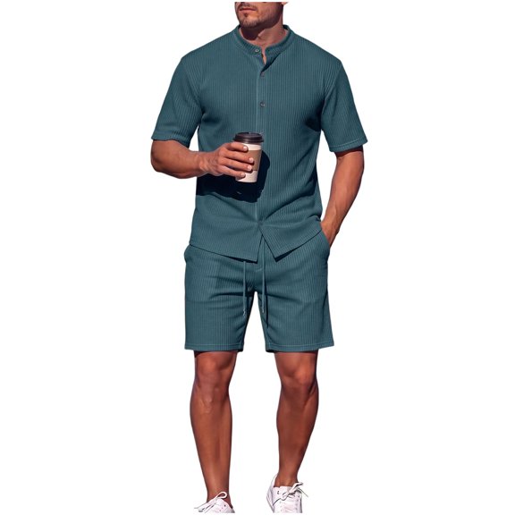 2 PC Outfit Set for Men Collared Short Sleeve Button Down Shirt and Drawstring Shorts Casual Summer Ribbed Outfit Sets Green S
