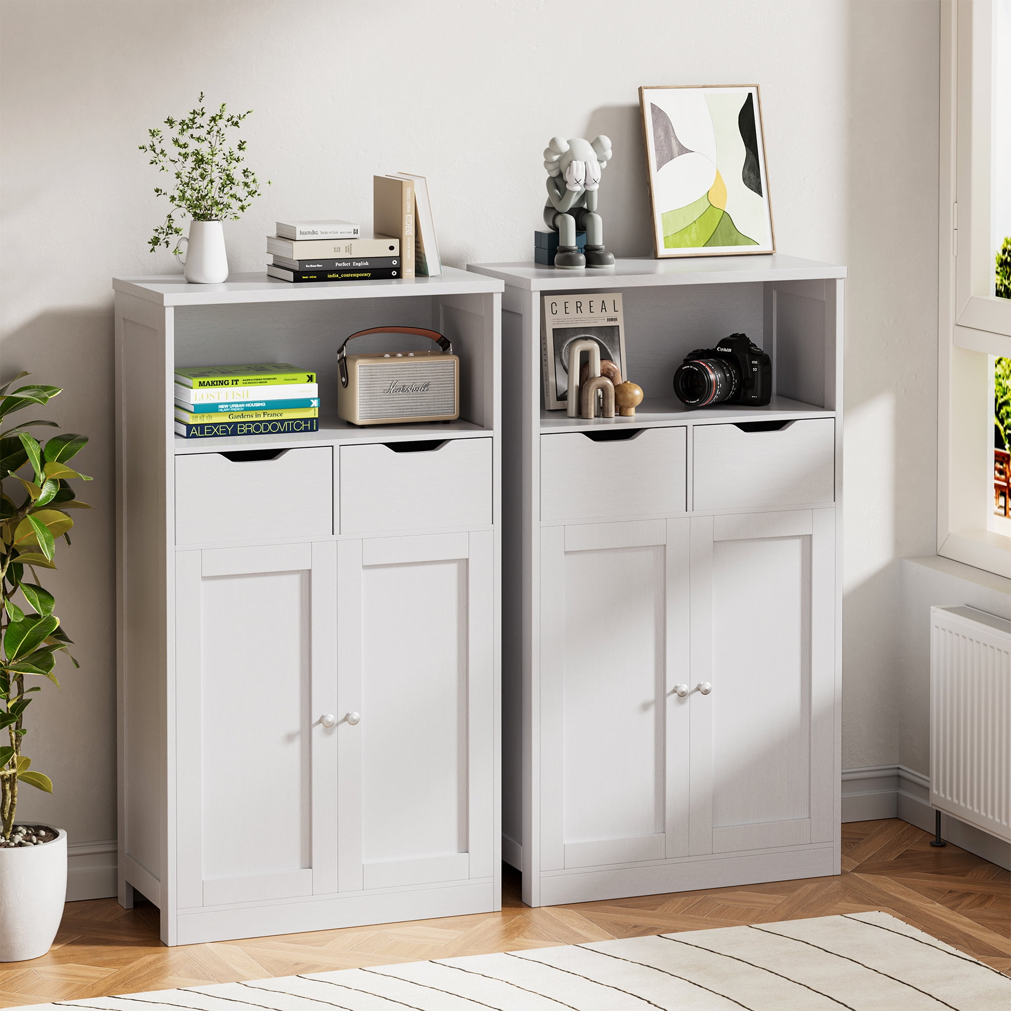 Walsunny Bathroom Storage Cabinets for Floor with 2 Doors 2 Drawers Freestanding Wooden Shelves Organizer Cupboard for Small Spaces Bathroom Living Room Bedroom Entryway White