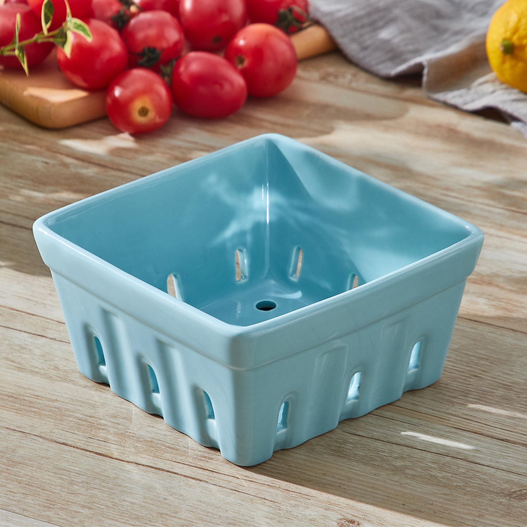 CONTENPO Ceramic Berry Basket Square Fruit Bowls with Holes Berry Bowl Colander Fruit Basket for Kitchen Décor - 5.9" Berry Containers for Fridge, Set of 2, Blue