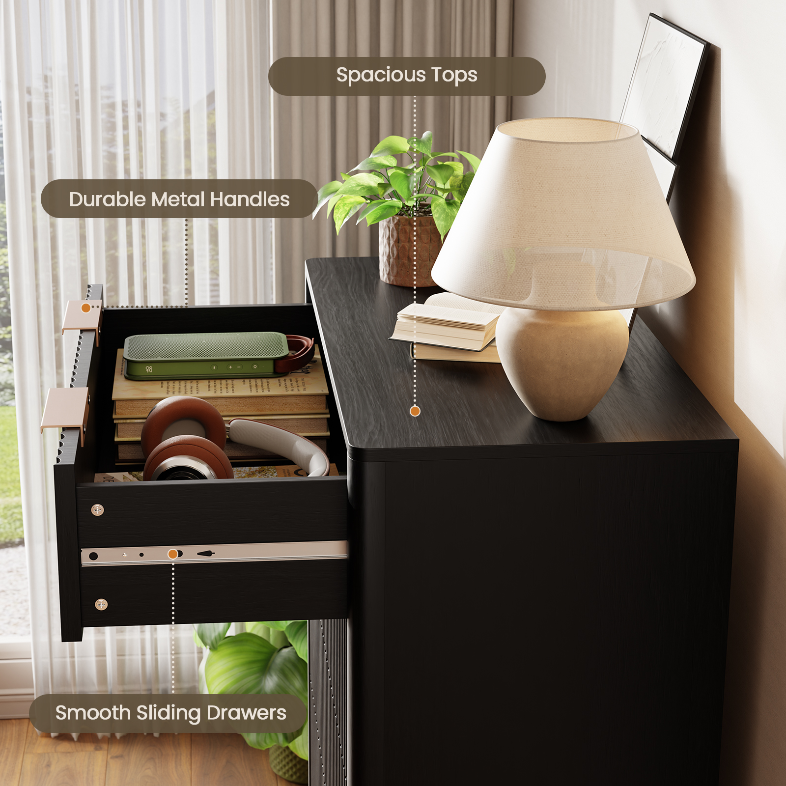 Fluted 5 Drawer Dresser for Bedroom 47" Wide Wooden Dresser TV Stand Modern Storage Organizer for Living Room, Hallway, Black