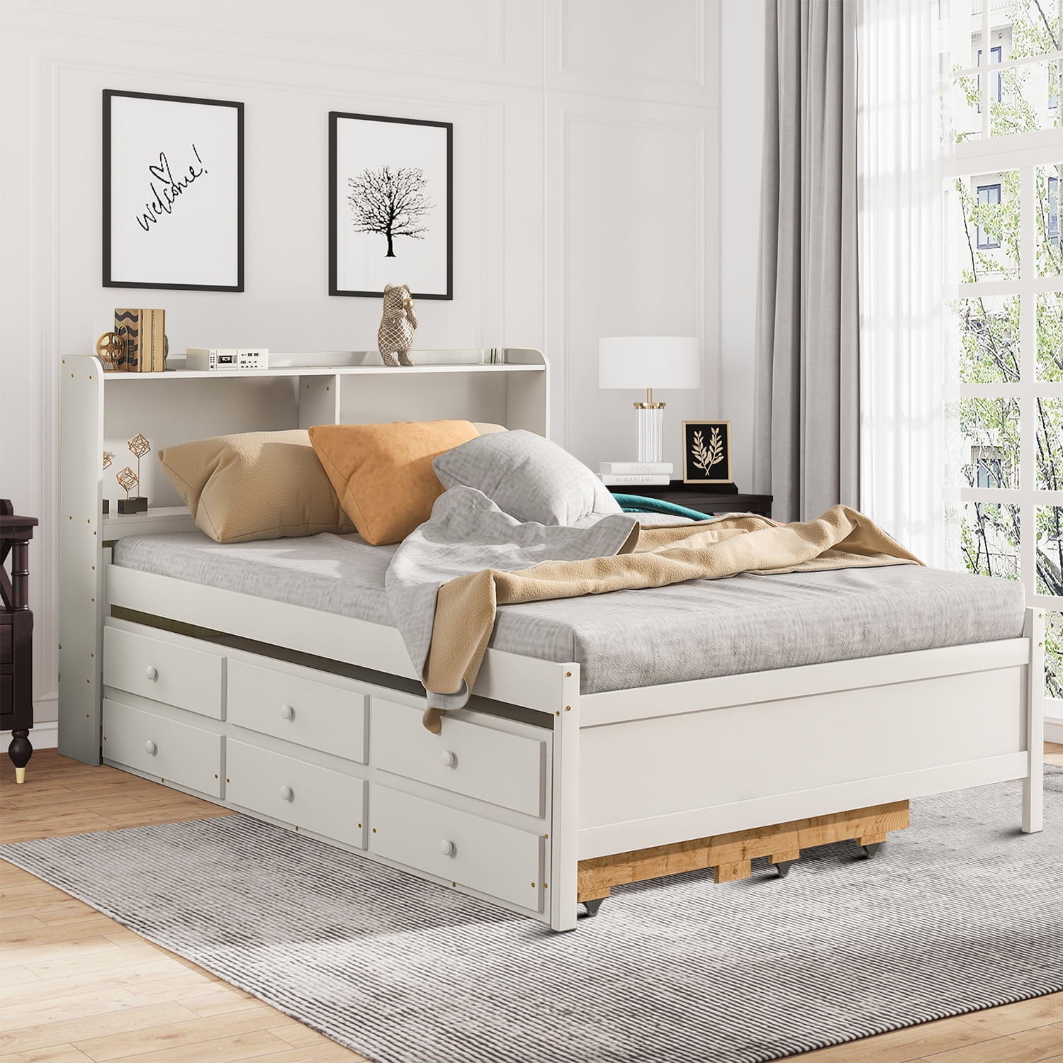 Full Size Platform Bed Bookcase Bed with Drawers and Trundle