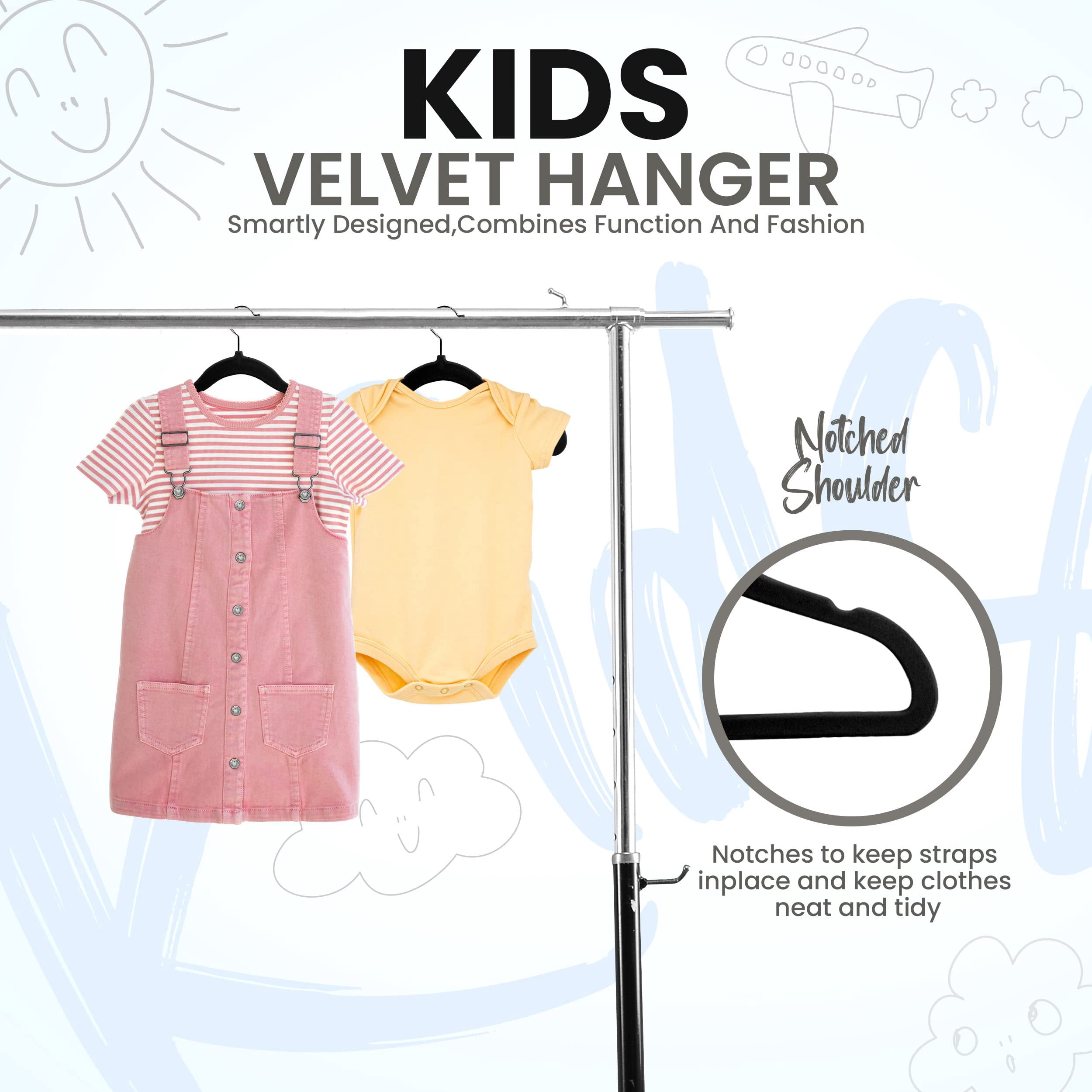 Utopia Home Kids Velvet Hangers 50 Pack  11 Inch Non-Slip Baby Hangers for Baby and Toddlers, Durable Ultra-Slim Space-Saving Closet Organizers Black