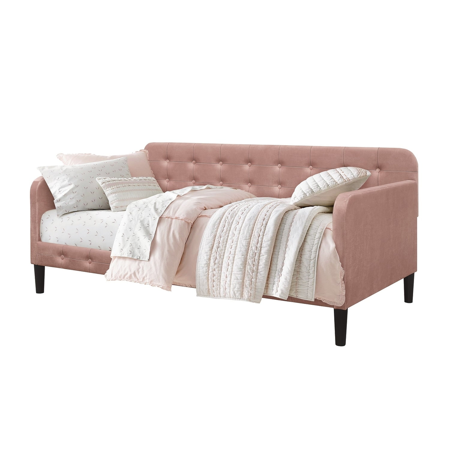 Home Design Chloe Twin Daybed with Velvet Upholstery, Button-Tufted Back, Stylish Versatile Seating and Sleeping Solution for Bedroom or Living Room, Pink