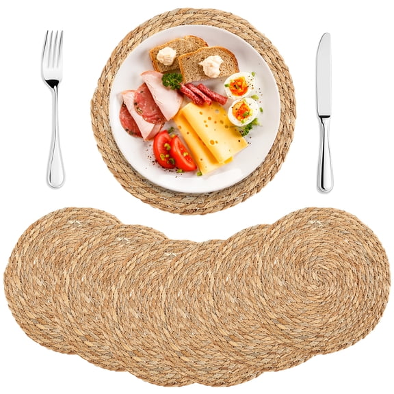 6Pcs Woven Placemats Set Round Hand Braided Placemats Heat Resistant Table Placemats Multipurpose Decorative Table Mats for Kitchen Dining Table Home Wall Decor