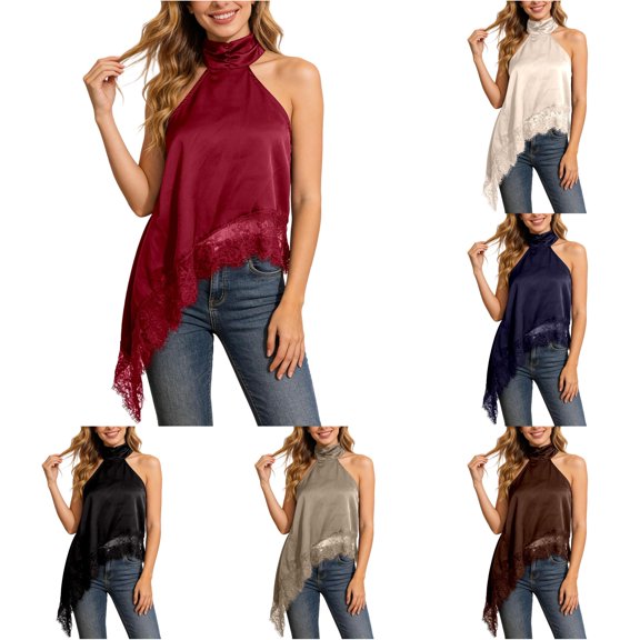 HAYIMI Women Elegant Asymmetrical Neck Satin Camisole With Lace Trim Detail For Summer Solid Color Sleeveless Leisure Tank Tops