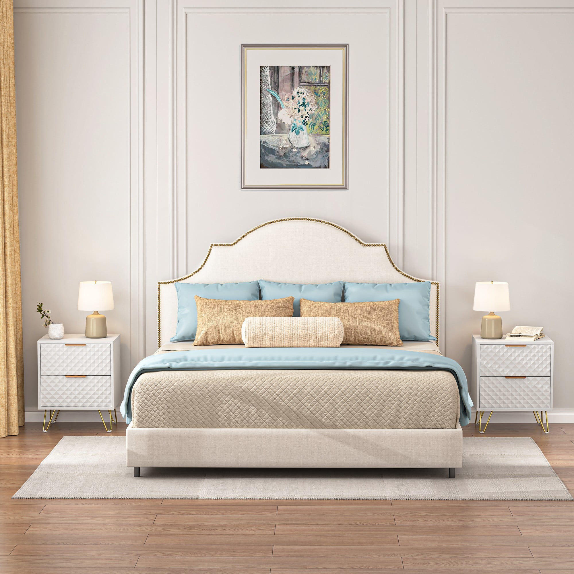 Resenkos 2 Drawer Bedroom Nightstand Set of 2 with Gold Metal Handle and Legs, White Bedside Table