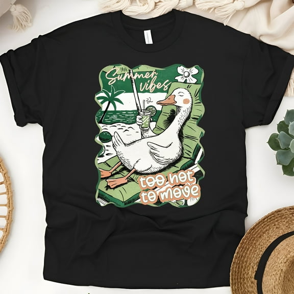 Funny Summer Duck T-Shirt for Women, Too Hot to Move Beach Vibes Graphic Tee, Black, Size S