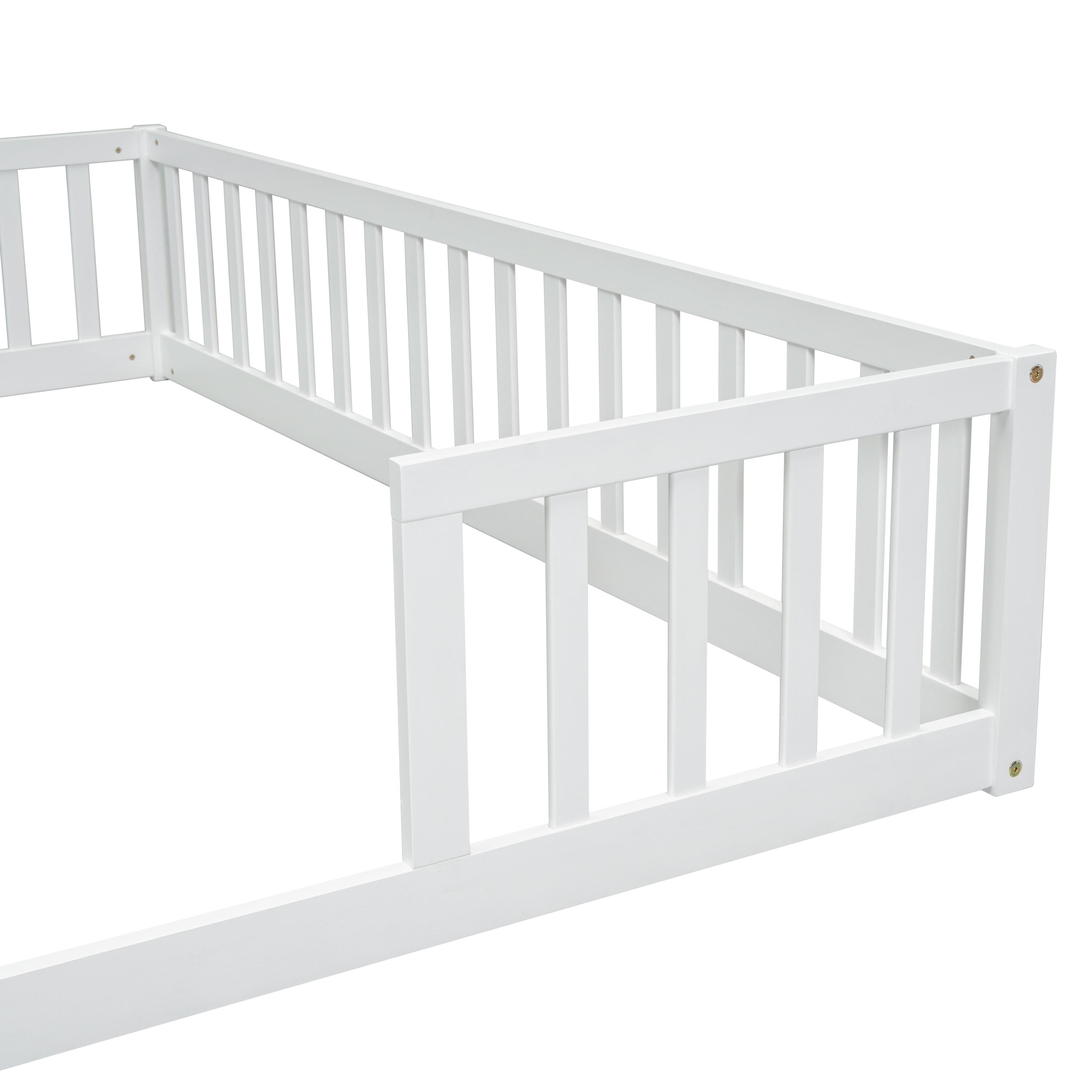 Double Montessori Twin Floor Bed with Fence, Sturdy Platform Wood Bed Frame, Floor Bed Frame, Hold 200 Lbs Each, Double Twin Size Bed Frame for Boys Girls, White
