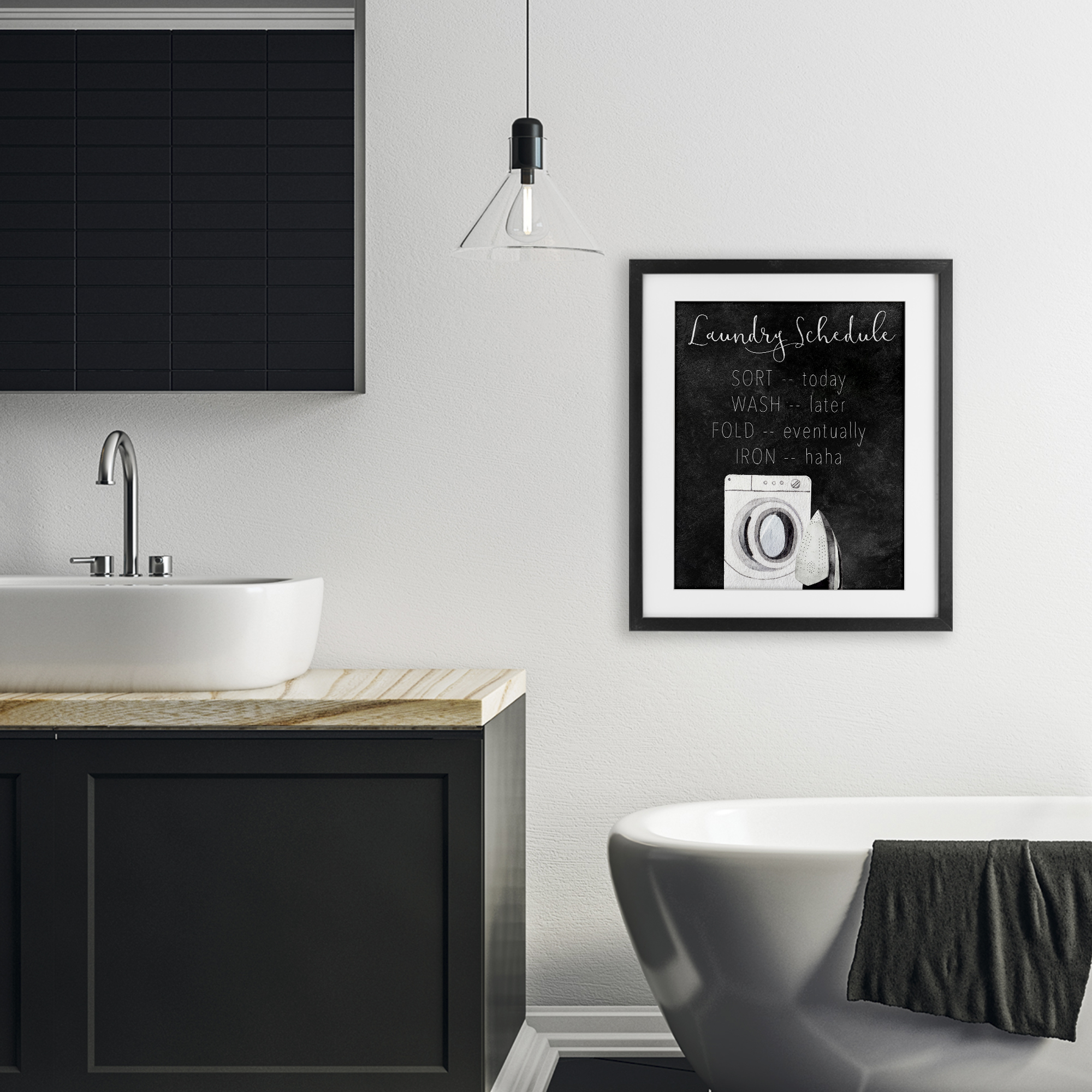 Lazy Laundry Schedule Humor Black Framed Print Under Glass, design by Kim Allen