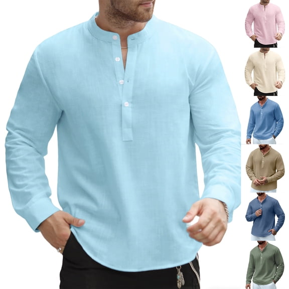 Men's 100% Cotton Linen Henley Shirts Long Sleeve Collarless T-Shirts Longline Kurta Beach Shirts Size 3XL Yellow