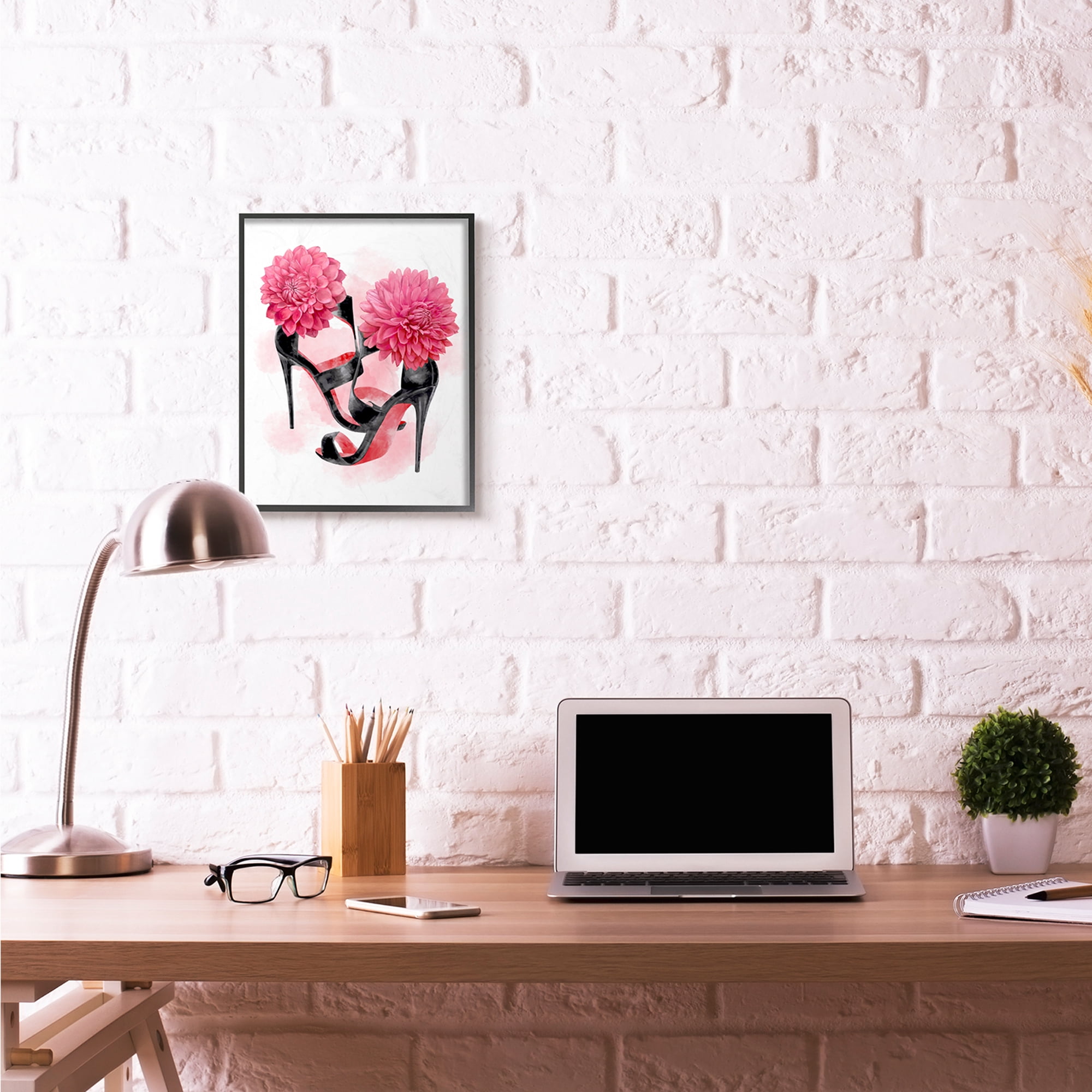 Stupell Industries Pink High Heel Glam Fashion Flower Painting Framed Wall Art by Ziwei Li