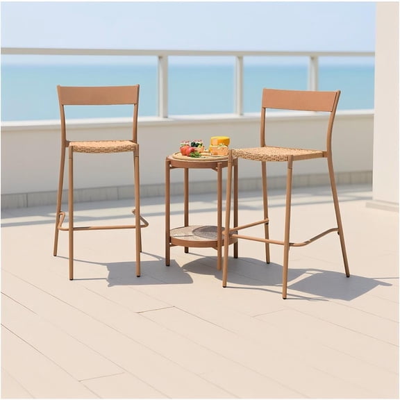 Topcobe Patio Barstools Set of 2 with Rattan Seat and Metal Backrest, Outdoor Patio Furniture for Garden Backyard Pool Deck-Light Brown