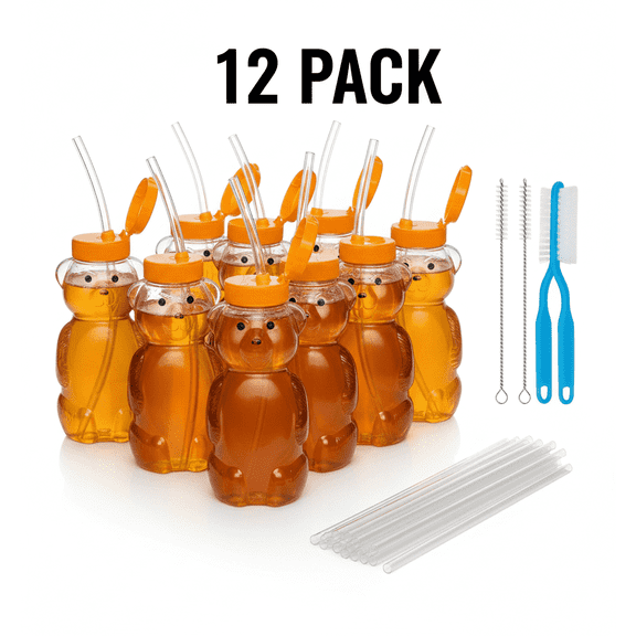 8OZ Honey Bear Straw Cups for Babies with Flexible Straws Cleaning Tools Therapy Sippy Bottles for Speech Feeding Training 230ml  12PCS