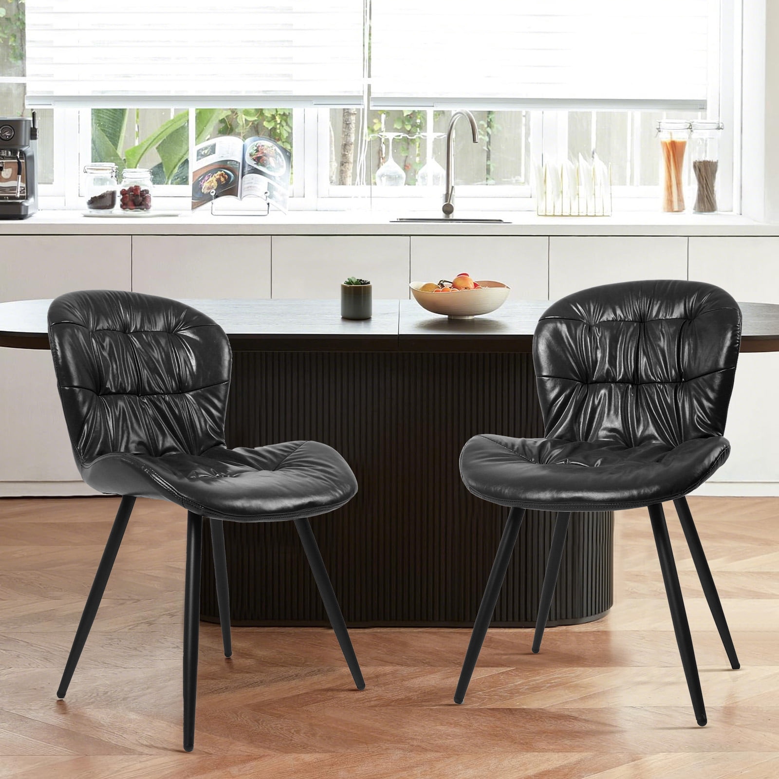 Set of 2 Black Ergonomic Chairs, Polyurethane Faux Leather with Rubberwood Frame, Thick Foam Cushion, Metal Legs, Scratch & Stain Resistant, 300 lbs Capacity