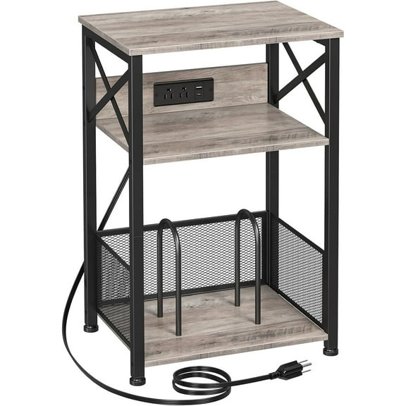 Record Player Stand with Charging Station, Turntable Stand with Storage Cabinet, 3 Tier End Table Hold Up to 100 Albums, Record Stand for Vinyl, Living Room, Greige