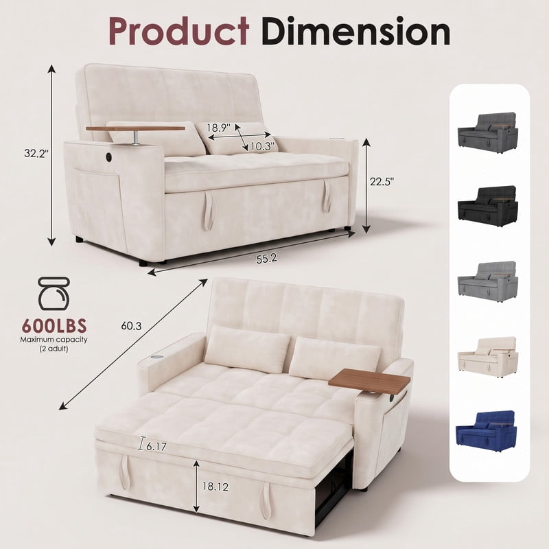 avobird 54'' Pull Out Sofa Bed, Convertible Sleeper Couch for for Living Room, Side Desk, USB Ports, Cup Hold, Velvet Fabric, Adjustable Backrest, Beige