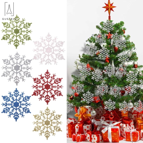 Gustave 4inches Set of 12 Plastic Glitter Snowflake Christmas Ornaments for Xmas Tree Decorating, Garland Crafting, Home Christmas New Year Embellishing "Blue"