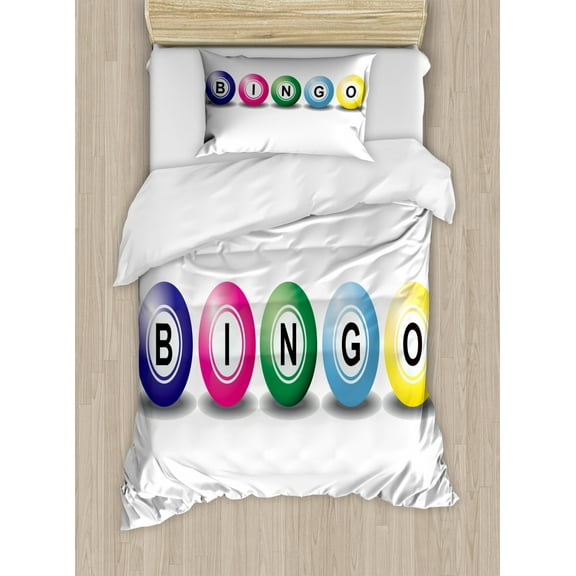 Bingo Duvet Cover Set Twin Size, 3D Style Bingo Balls with Different Colors Chance Luck Opportunity Theme, Decorative 2 Piece Bedding Set with 1 Pillow Sham, White and Multicolor, by Ambesonne