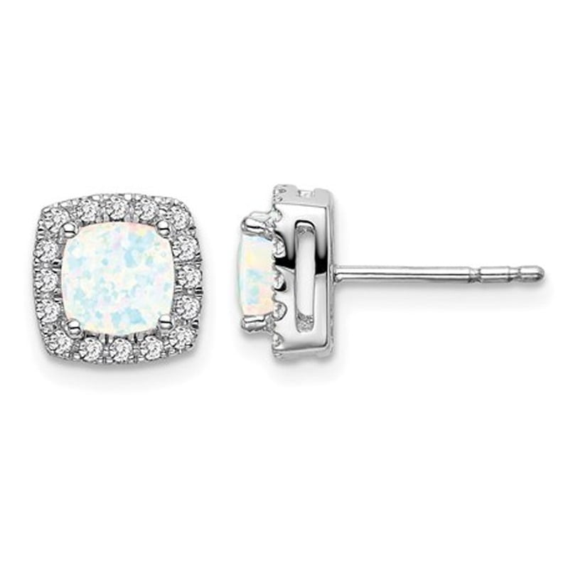 Gem And Harmony 1.05 Carat ctw Lab Created Opal Earrings in 14K White Gold with Diamonds