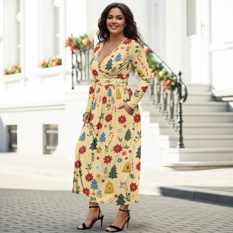 FKELYI Christmas Flower Tree Bell Print Long Sleeve Maxi Dress for Women V-Neck Soft Casual Dress Flowy A-Line Dresses with Side Pockets for Party Wedding, XL