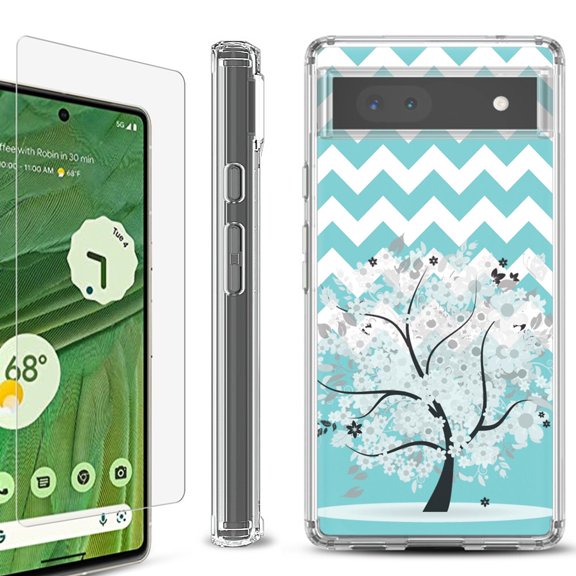 Shockproof Bumper Phone Case for Google Pixel 6a, with Tempered Glass Screen Protector, by OneToughShield ® - Chevron/Tree
