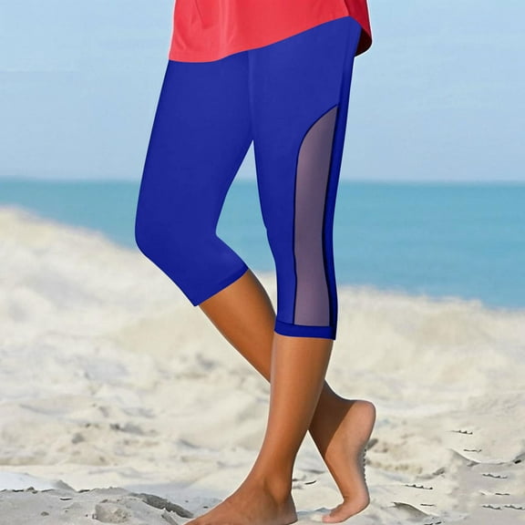 Ndbuld Women's High Waisted Yoga Capris Women's Summer High Waisted Solid Color Capris Mesh Splicing Slim Fitting Yoga Gym Pants Summer Clearance Blue 2XL